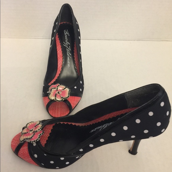 Beverly Feldman🌷Heels Sz 8 Blk/Wht Poka Dot - Picture 7 of 8